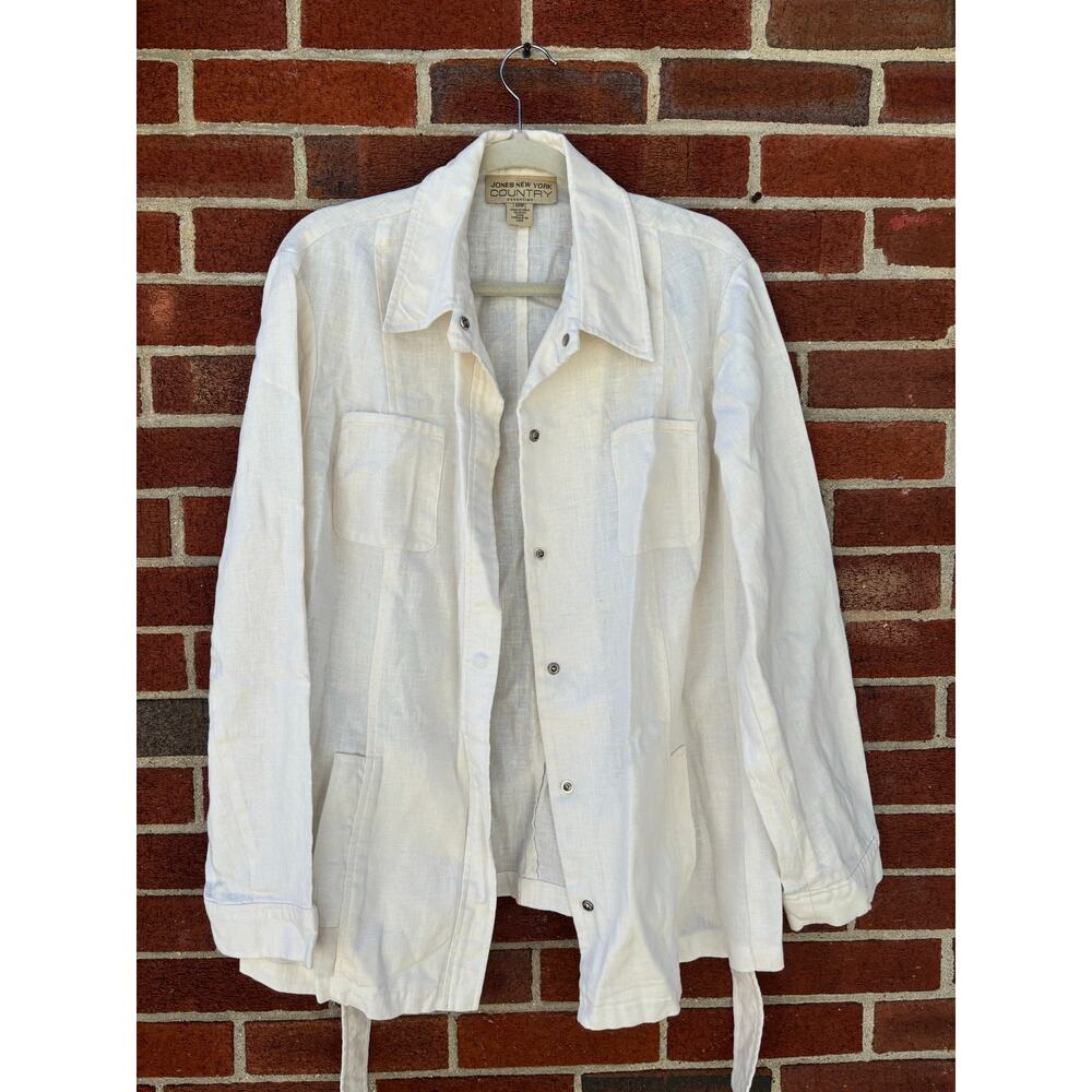 Jones New York Country White Linen Blend Belted Button Up Jacket Shirt Women’s - Picture 3 of 15